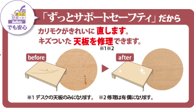 「ずっとサポートセーフティ」だから カリモクがきれいに直します。キズついた天板を修理できます。※1デスクの天板のみになります。 ※2 修理は有償になります。