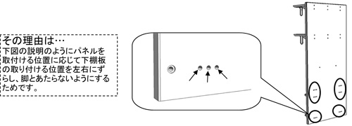 パネルの下部には下棚板を取り付けるための穴が3つ並んで空いています。この穴を利用して、再度下棚板を取り付けます。