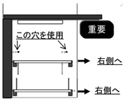 上図のように3つの穴の一番右側を使い、棚をパネルの右寄りに取付けます。