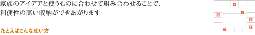 家族のアイデアと使うものに合わせて組み合わせることで、利便性の高い収納ができあがります