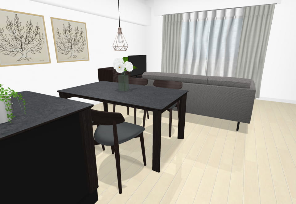 ソファが通路を塞ぎ、動線が狭くなっているリビングダイニングのレイアウト