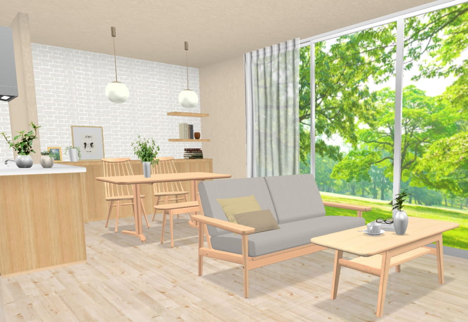 家具の高さと配置を調整し、視線が抜けて広く見える横長リビングのレイアウト