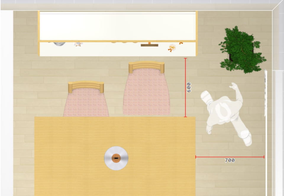 上から見たダイニングでチェアを引いたときの通路幅や動線を確認しているレイアウト