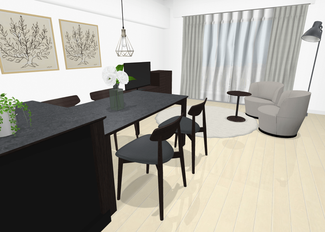 シミュレーターで作成したダイニングとリビングの3Dレイアウト画像