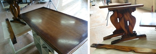 食堂テーブル（天板突板仕様）の再塗装修理 - カリモク家具「修理 