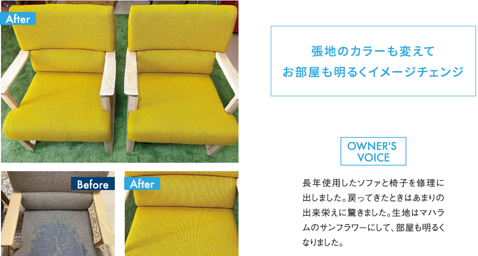 張地のカラーも変えてお部屋も明るくイメージチェンジ 長年使用したソファと椅子を修理に出しました。戻ってきたときはあまりの出来栄えに驚きました。生地はマハラムのサンフラワーにして、部屋も明るくなりました。