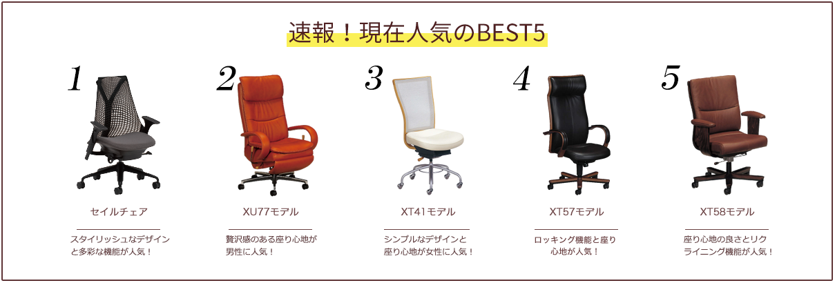 速報！現在人気のBEST5　1位セイルチェア　モダンなデザインと多彩な機能が人気！　2位XT58モデル　モダンなデザインと多彩な機能が人気　3位XT41モデル　モダンなデザインと多彩な機能が人気　4位XU60モデル　モダンなデザインと多彩な機能が人気！　5位XU77モデル　モダンなデザインと多彩な機能が人気！