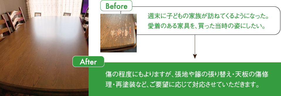 Before 週末に子どもの家族が訪ねてくるようになった。愛着のある家具を、買った当時の姿にしたい。After 傷の程度にもよりますが、張地や籐の張り替え・天板の傷修理・再塗装など、ご要望に応じて対応させていただきます。