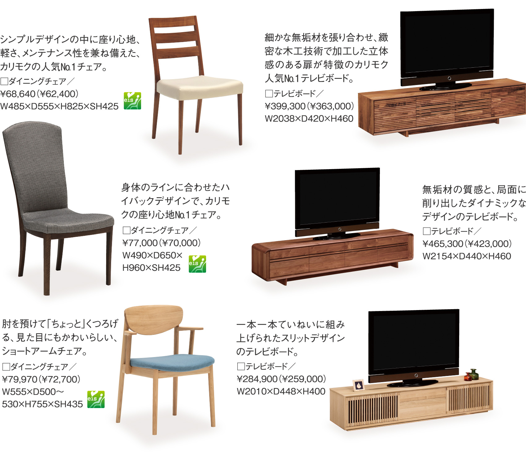 シンプルデザインの中に座り心地、軽さ、メンテナンス性を兼ね備えた、カリモクの人気№1チェア。□ダイニングチェア／￥68,640（￥62,400）W485×D555×H825×SH425、細かな無垢材を張り合わせ、緻密な木工技術で加工した立体感のある扉が特徴のカリモク人気№1テレビボード。□テレビボード／￥399,300（￥363,000）W2038×D420×H460、身体のラインに合わせたハイバックデザインで、カリモクの座り心地№1チェア。□ダイニングチェア／￥77,000（￥70,000）W490×D650×H960×SH425
