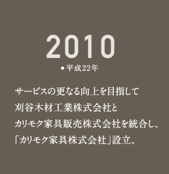 2010平成22年サービスの更なる向上を目指して刈谷木材工業株式会社とカリモク家具販売株式会社を統合し、「カリモク家具株式会社」設立。