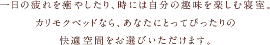 一日の疲れを癒やしたり、時には自分の趣味を楽しむ寝室。カリモクベッドなら、あなたにとってぴったりの快適空間をお選びいただけます。