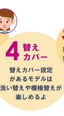 4.替えカバー　替えカバー設定があるモデルは洗い替えや模様替えが楽しめるよ