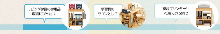 リビング学習の学用品収納にぴったり　学習机のワゴンとして　複合プリンターやPC周りの収納に