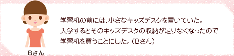 学習机の前には、小さなキッズデスクを置いていた。入学するとそのキッズデスクの収納が足りなくなったので学習机を買うことにした。（Bさん）