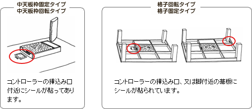 中天板枠固定タイプ・天板枠回転タイプ／コントローラーの挿込み口付近にシールが貼ってあります。　格子回転タイプ・格子固定タイプ／コントローラーの挿込み口、又は脚付近の幕板にシールが貼られています。