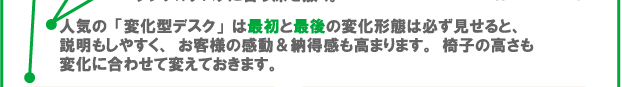 (5)人気の「変化型デスク」は最初と最後の変化形態は必ず見せると、説明もしやすく、お客様の感動&納得感、も高まります。椅子の高さも変化に合わせて変えておきます。
