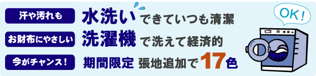 水洗いできていつも清潔。洗濯機で洗えて経済的。期間限定張地追加で17色