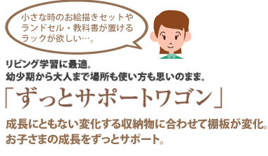 小さなときのお絵かきセットやランドセル・教科書が置けるラックが欲しい・・・。「ずっとサポートワゴン」成長にともない変化する収納物に合わせて棚板が変化。お子さまの成長をずっとサポート。
