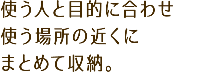 使う人と目的に合わせ使う場所の近くにまとめて収納。