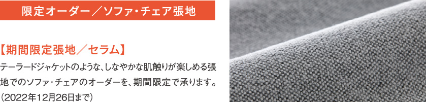 限定オーダー/ソファ・チェア張地 【期間限定張地/セラム】テーラードジャケットのような、しなやかな肌触りが楽しめる張地でのソファ・チェアのオーダーを、期間限定で承ります。(2022年12月26日まで)