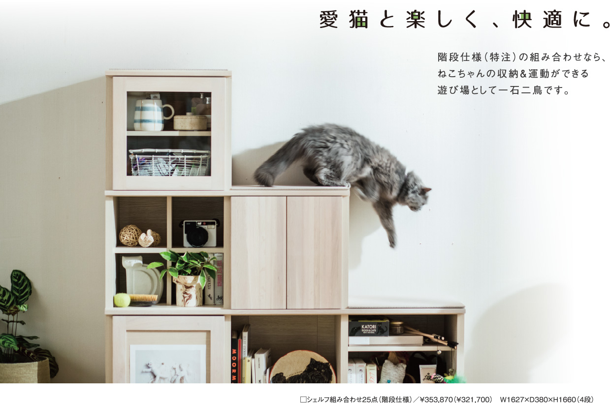 愛猫と楽しく、快適に。階段 仕様(特注)の組み合わせなら、ねこちゃんの収納&運動ができる遊び場として一石二鳥です。