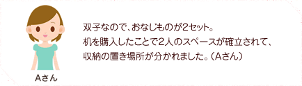 双子なので、おなじものが2セット。机を購入したことで2人のスペースが確立されて、収納の置き場所が分かれました。(Aさん)