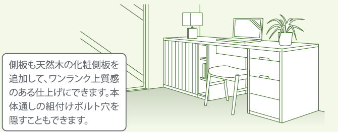 側板も天然木の化粧側板を追加して、ワンランク上質感のある仕上げにできます。本体通しの組付けボルト穴を隠すこともできます。