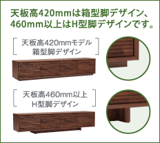 天板高420mmは箱型脚デザイン、460mm以上はH型脚デザインです。