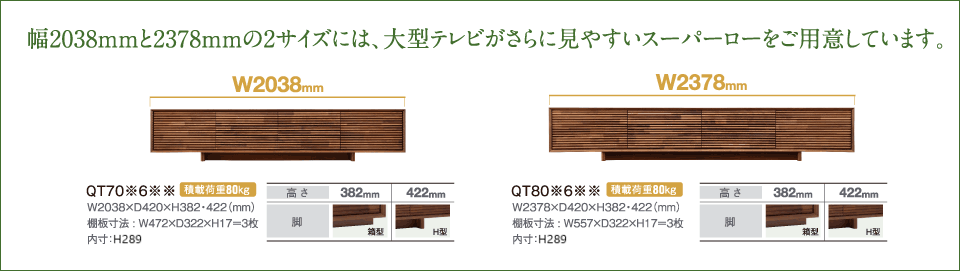 幅2038mmと2378mmの2サイズには、大型テレビがさらに見やすいスーパーローをご用意しています。